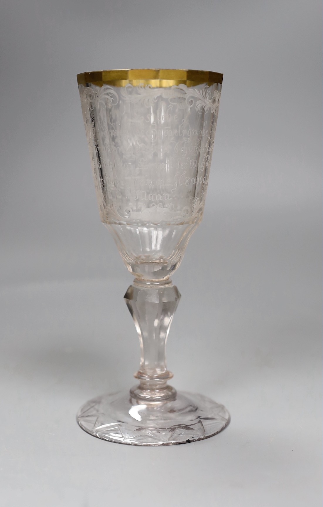 A mid 18th century German/Bohemian glass with military engraving, 17cms high
